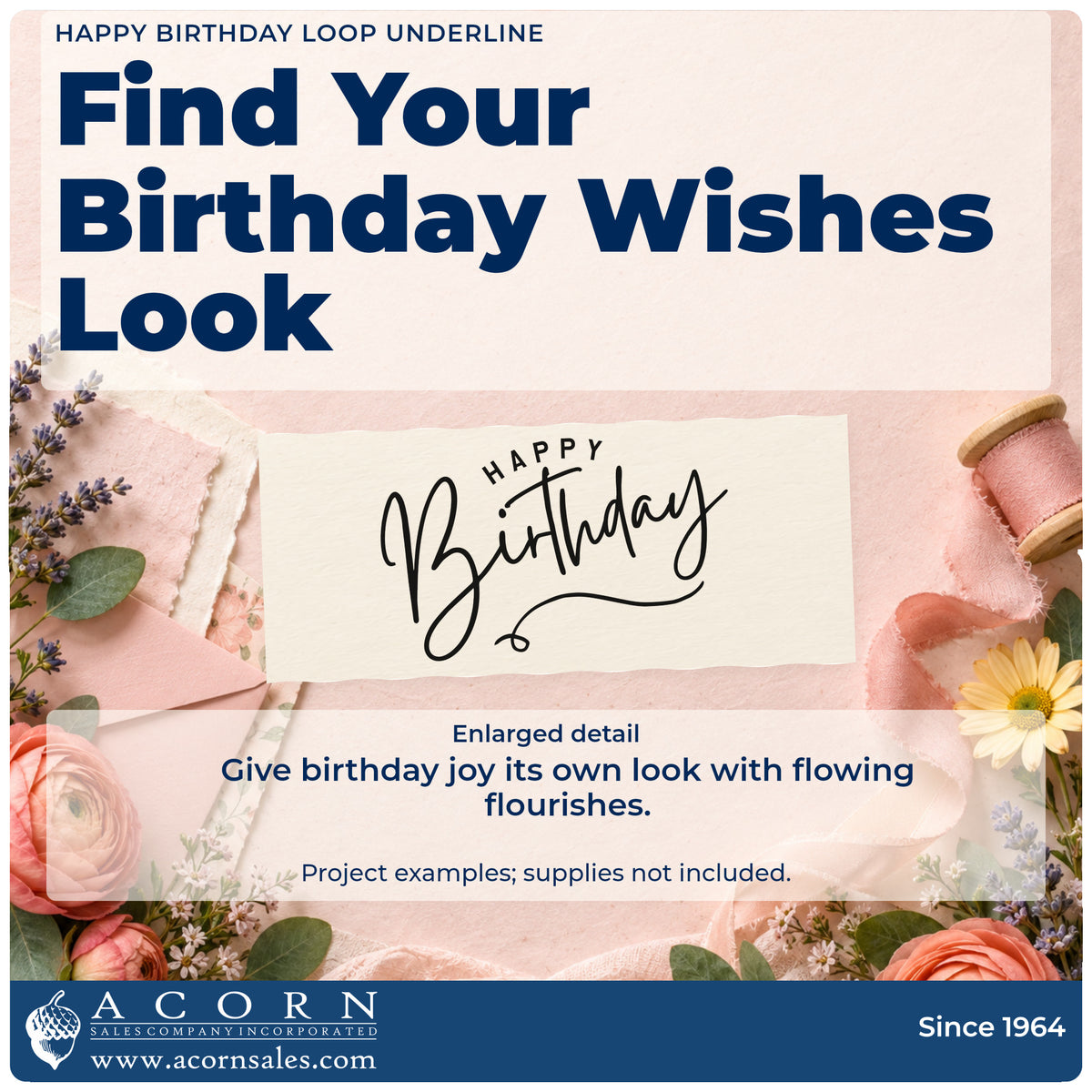 Enlarged detail of the Self-Inking Happy Birthday Loop Underline Stamp imprint. Small arched HAPPY sits above a sweeping Birthday script with a long curled underline.