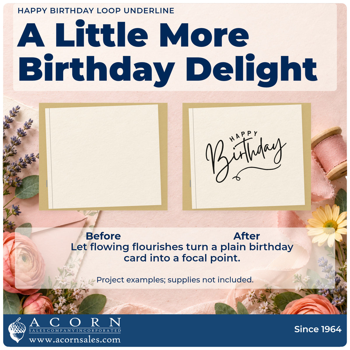 Before and after of a plain item finished with the Happy Birthday Loop Underline Pre-Inked Stamp – PSI, a quick upgrade for framed craft bench.
