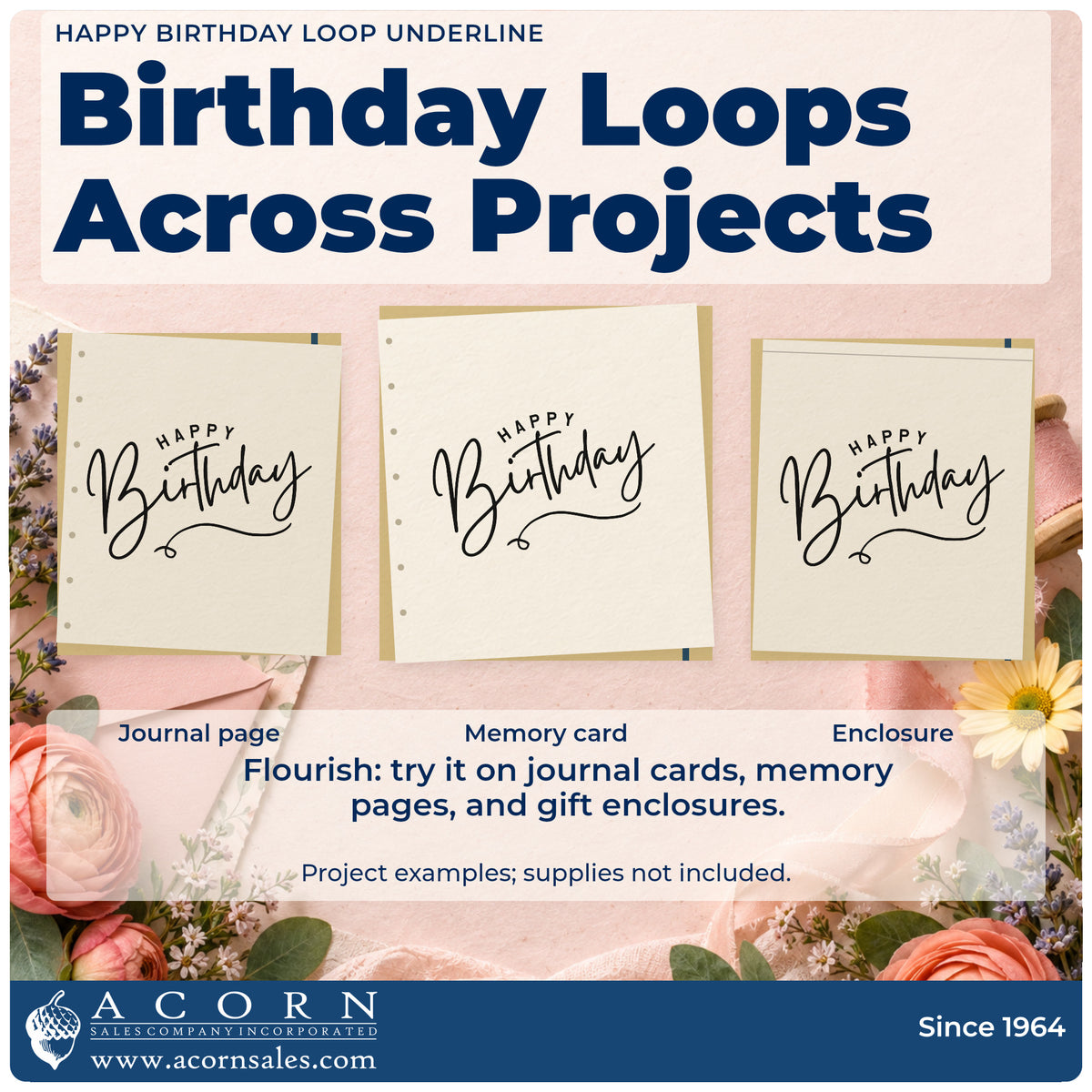 Three project examples made with the Happy Birthday Loop Underline Pre-Inked Stamp – PSI, including order queue sheet.