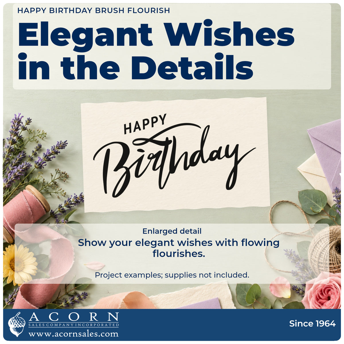 Enlarged detail of the Happy Birthday Brush Flourished Lettering Premium Wooden Stamp – Vintage Pro imprint. Small HAPPY sits above bold brush-script Birthday with a curved top flourish.
