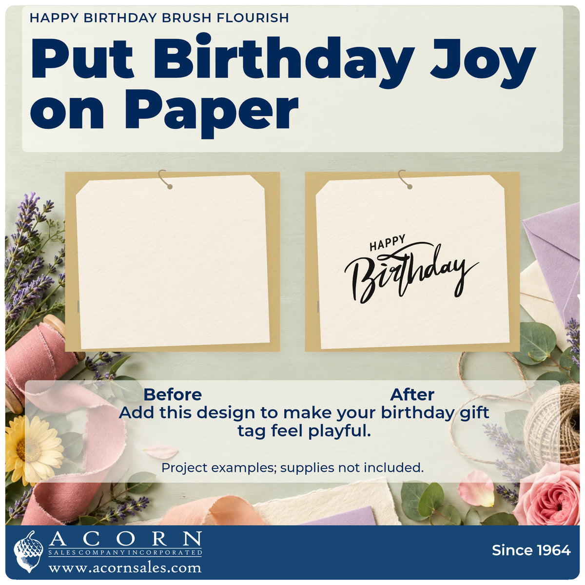 Before and after of a plain item finished with the Happy Birthday Brush Flourished Lettering Premium Wooden Stamp – Vintage Pro, a quick upgrade for framed work studio.