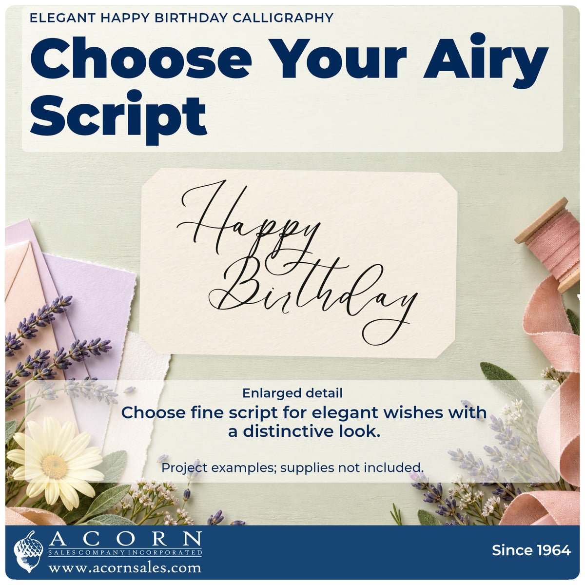 Enlarged detail of the Fine Calligraphy Birthday Greeting Wood Handle Stamp imprint. Happy Birthday appears in two lines of fine, sweeping calligraphy.