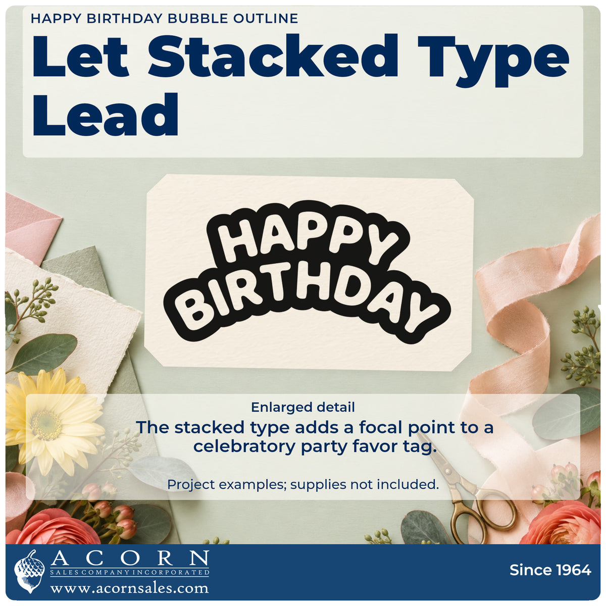 Enlarged detail of the Happy Birthday Bubble Line Art PSI Pre-Inked Stamp imprint. HAPPY BIRTHDAY appears in negative-space rounded capitals within a thick dark outline.