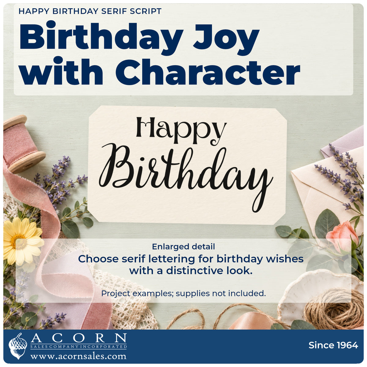 Enlarged detail of the Happy Birthday Serif Script Rubber Stamp – Duo Hand imprint. Happy appears in small serif lettering above a large flowing Birthday script.