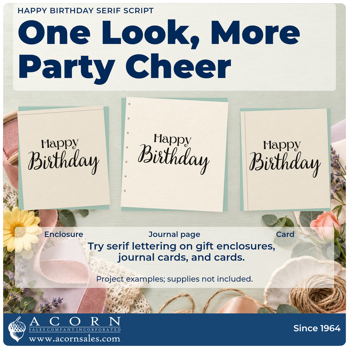 Three project examples made with the Happy Birthday Serif Script Slim Pre-Inked Stamp, including guest date sheet.
