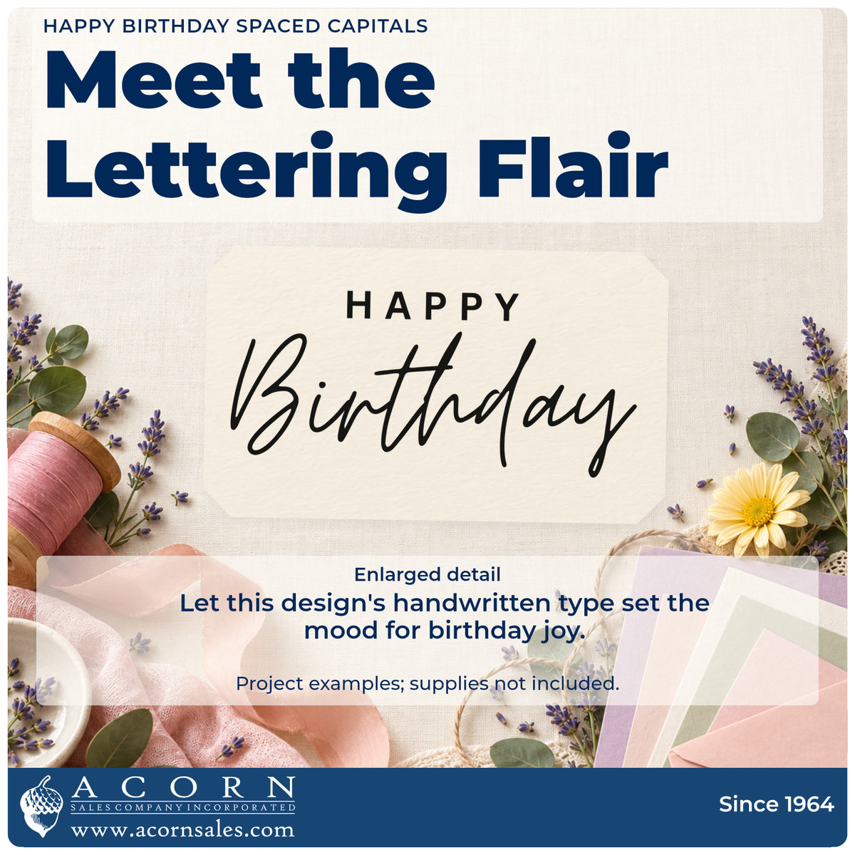 Enlarged detail of the Happy Birthday Spaced Capitals Script Lettering Rubber Stamp – Wood Handle imprint. Widely spaced HAPPY sits above a loose handwritten Birthday script.