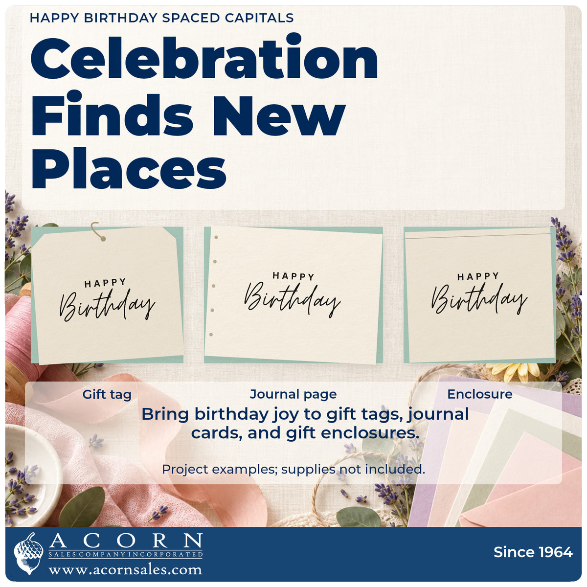 Three project examples made with the Happy Birthday Spaced Capitals Script Lettering Hand Stamp – Duo, including mailing list sheet.