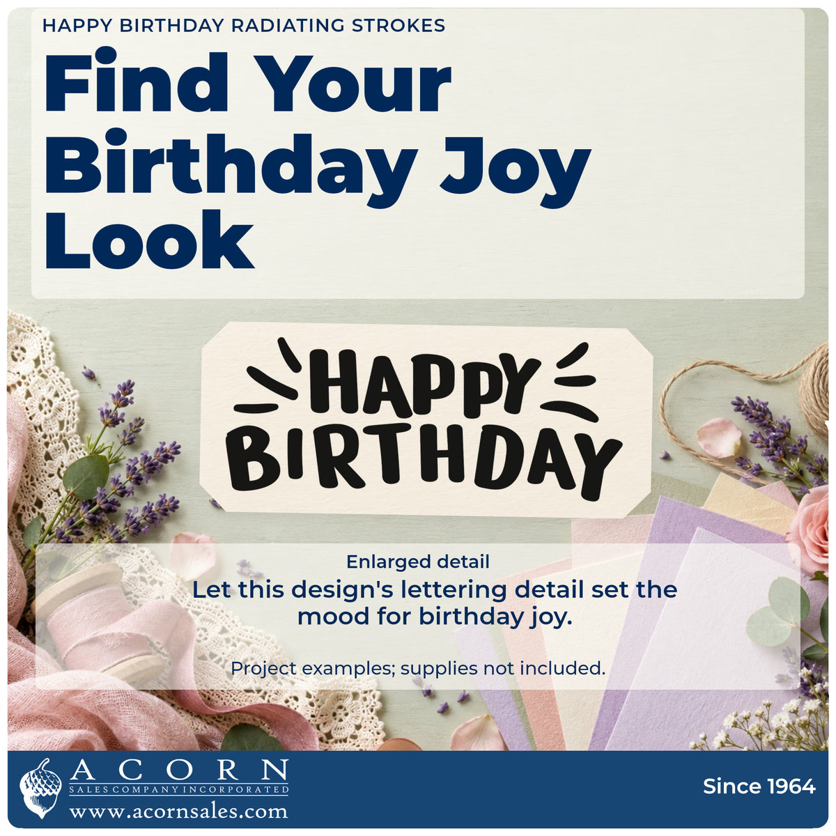 Enlarged detail of the Happy Birthday Radiating Strokes Stamp – Wood Handle imprint. HAPPY BIRTHDAY appears in chunky playful capitals with radiating strokes at the sides.