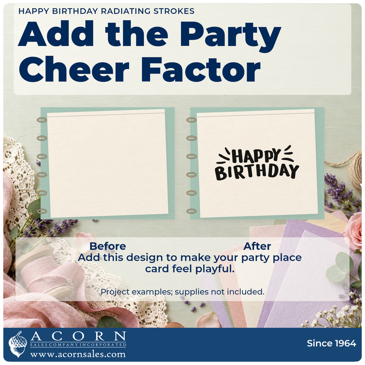 Before and after of a plain item finished with the Happy Birthday Radiating Strokes Rubber Stamp – Duo Hand, a quick upgrade for framed party room.