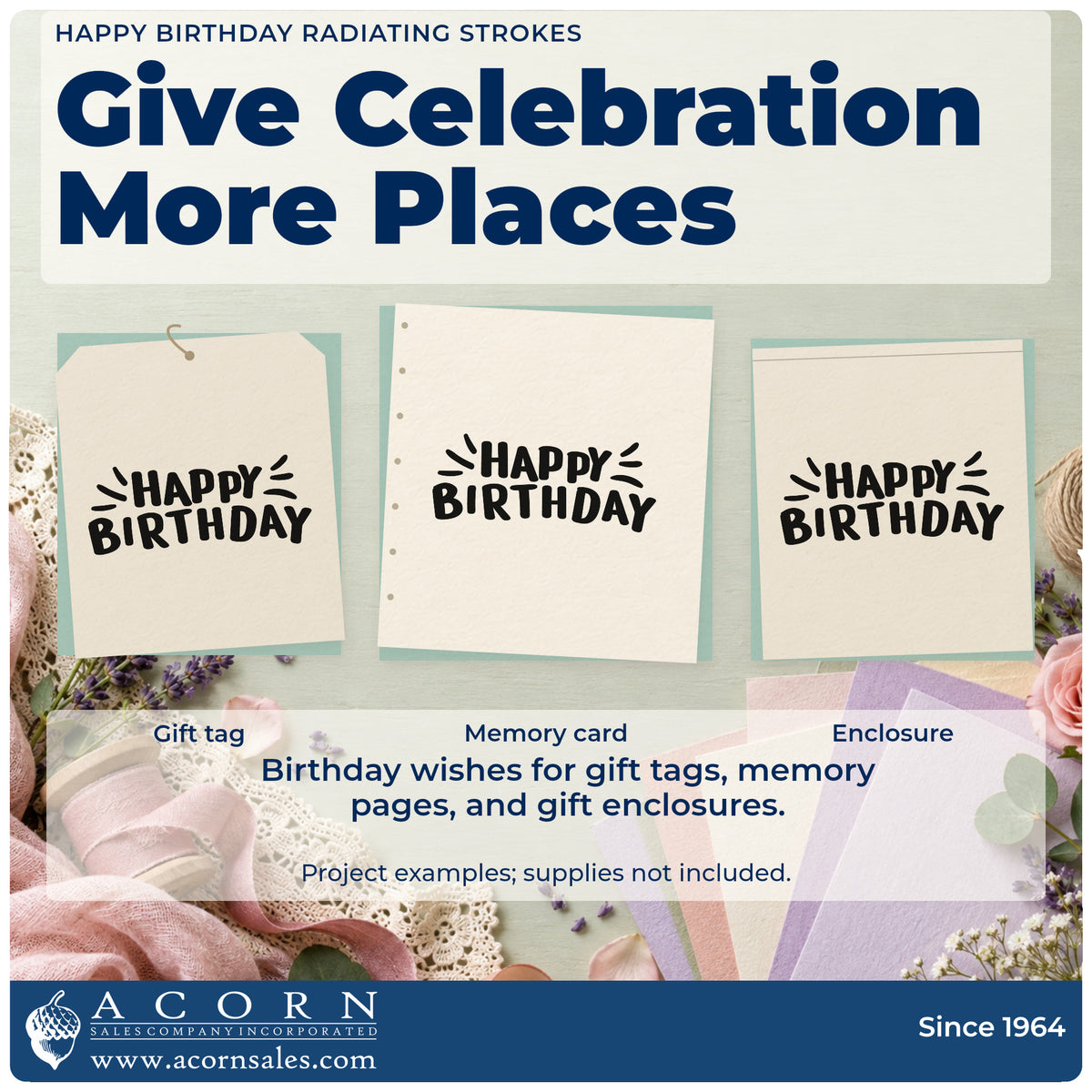 Three project examples made with the Happy Birthday Radiating Strokes Rubber Stamp – Duo Hand, including session slot sheet.