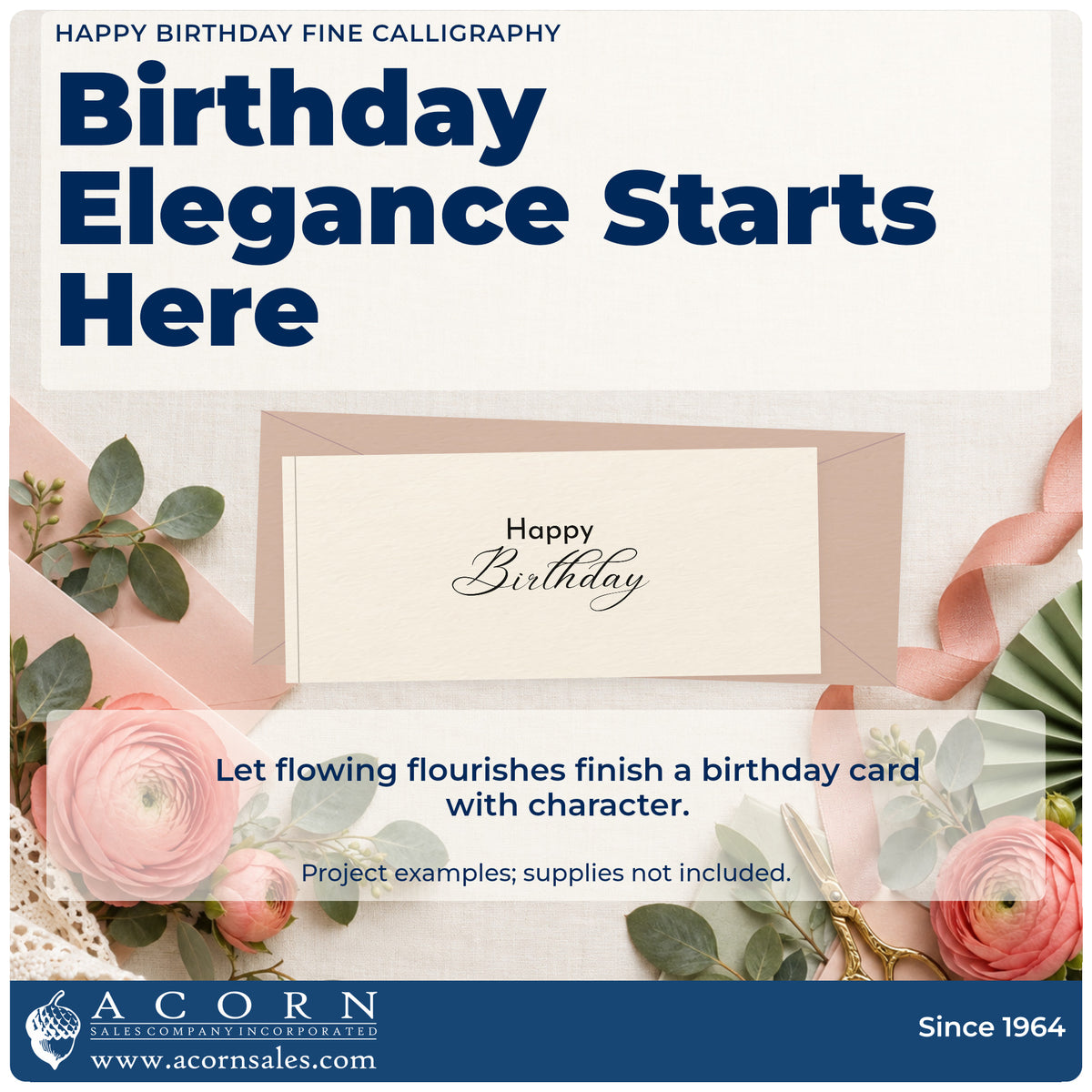 A finished handmade project stamped with the Happy Birthday Fine Calligraphy Script Lettering Slim Pre-Inked Stamp, ideal for engrave year album page.