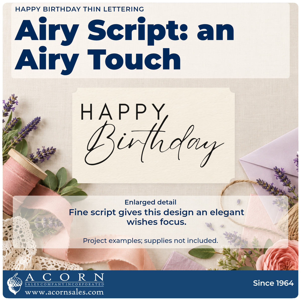 Enlarged detail of the Happy Birthday Thin Lettering Pre-Inked Stamp – PSI imprint. Widely spaced thin HAPPY capitals sit above a light flowing Birthday script.