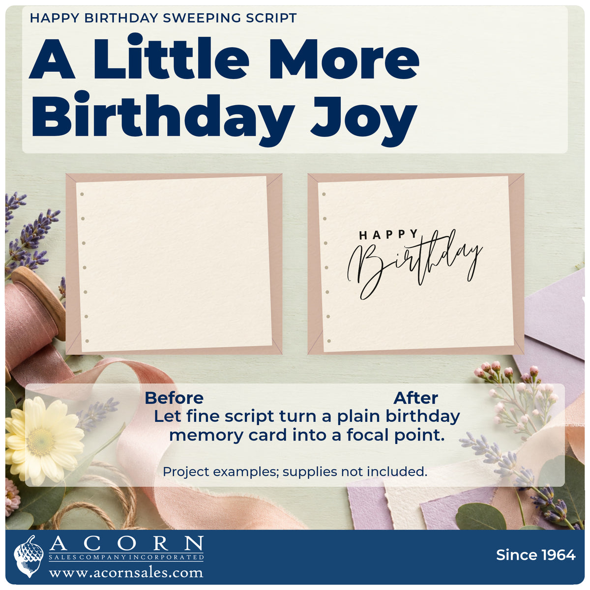 Before and after of a plain item finished with the Birthday Wishes Long Crossing Flourishes Wood-Mounted Rubber Stamp, a quick upgrade for framed prep kitchen.