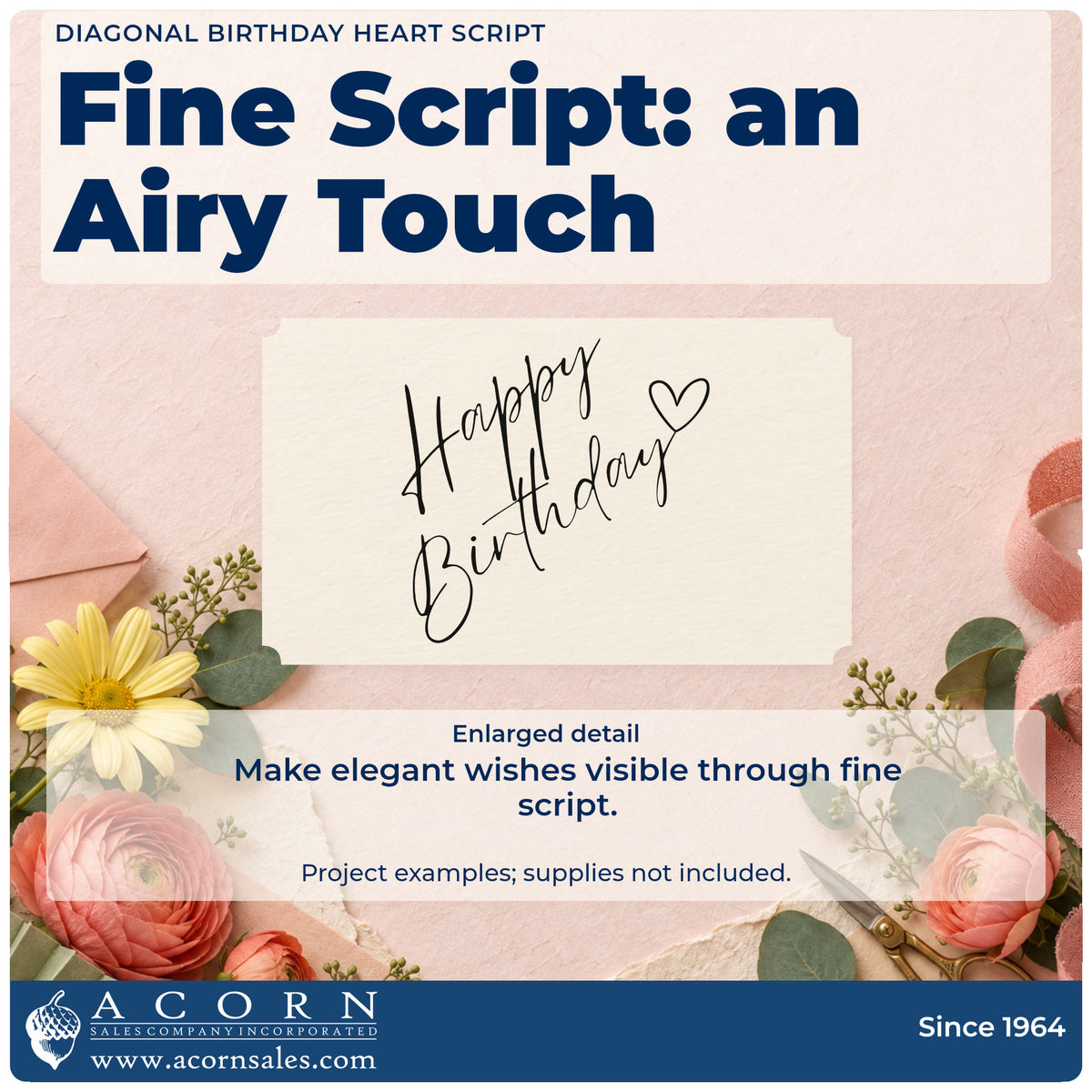 Enlarged detail of the Happy Birthday Diagonal Heart Script Slim Pre-Inked Stamp imprint. Happy Birthday slopes diagonally upward in fine handwritten script ending with an outlined heart.