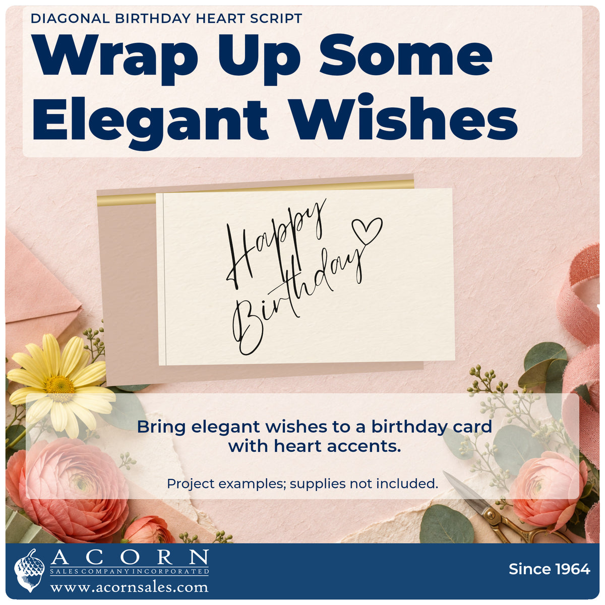 A finished handmade project stamped with the Happy Birthday Diagonal Heart Script Rubber Stamp – Wood Handle, ideal for quiet year album page.