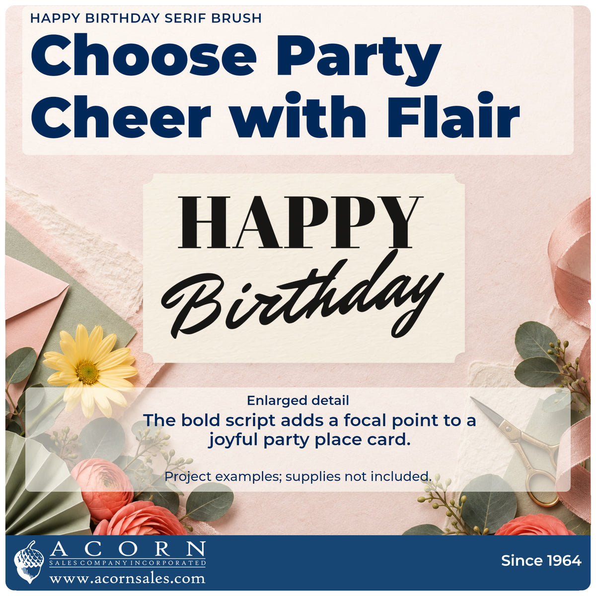Enlarged detail of the Happy Birthday Serif Brush Script Lettering Stamp – Self-Inking imprint. HAPPY appears in large bold serif capitals above a slanted brush-script Birthday.