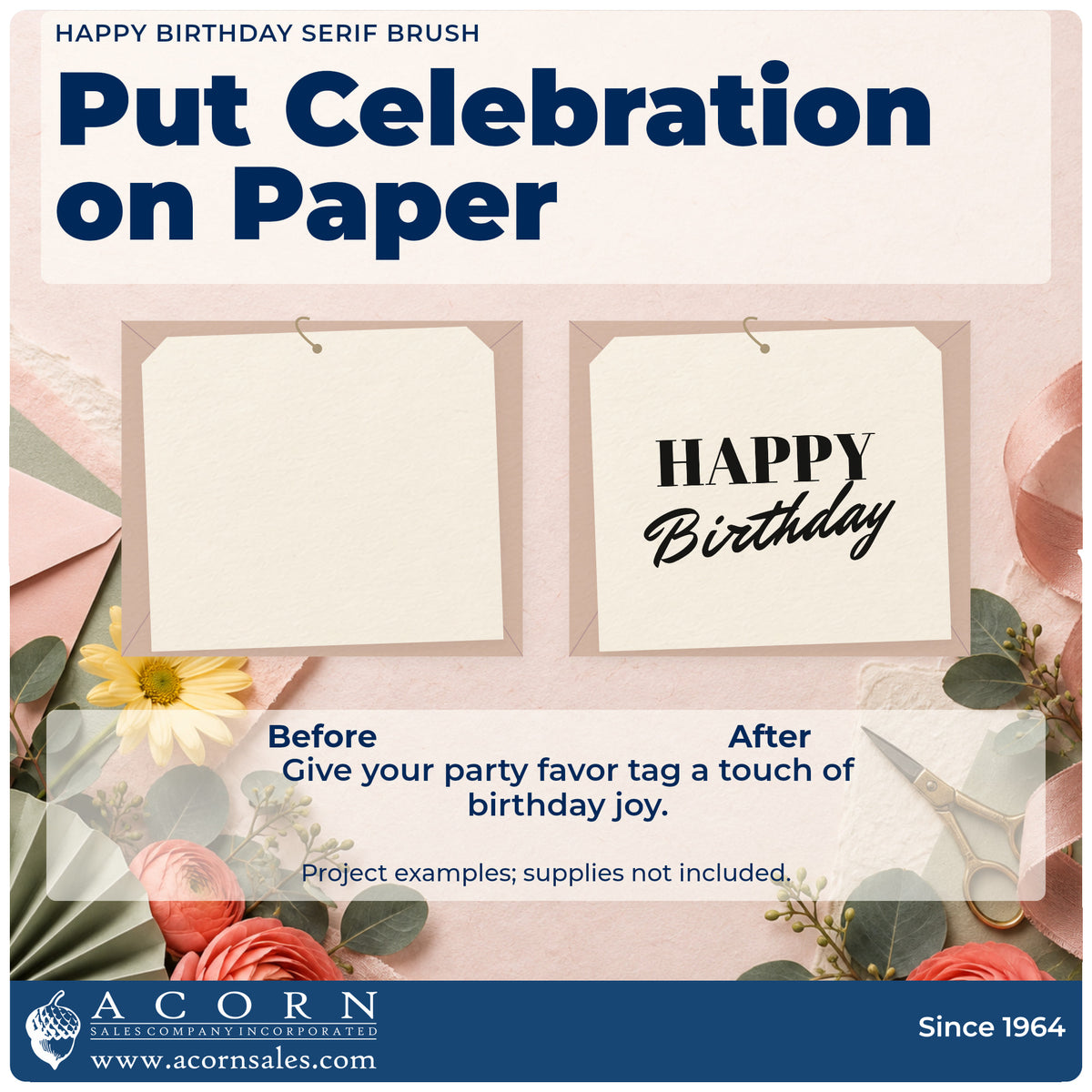 Before and after of a plain item finished with the Happy Birthday Serif Brush Script Lettering Stamp – Self-Inking, a quick upgrade for framed lane wall.