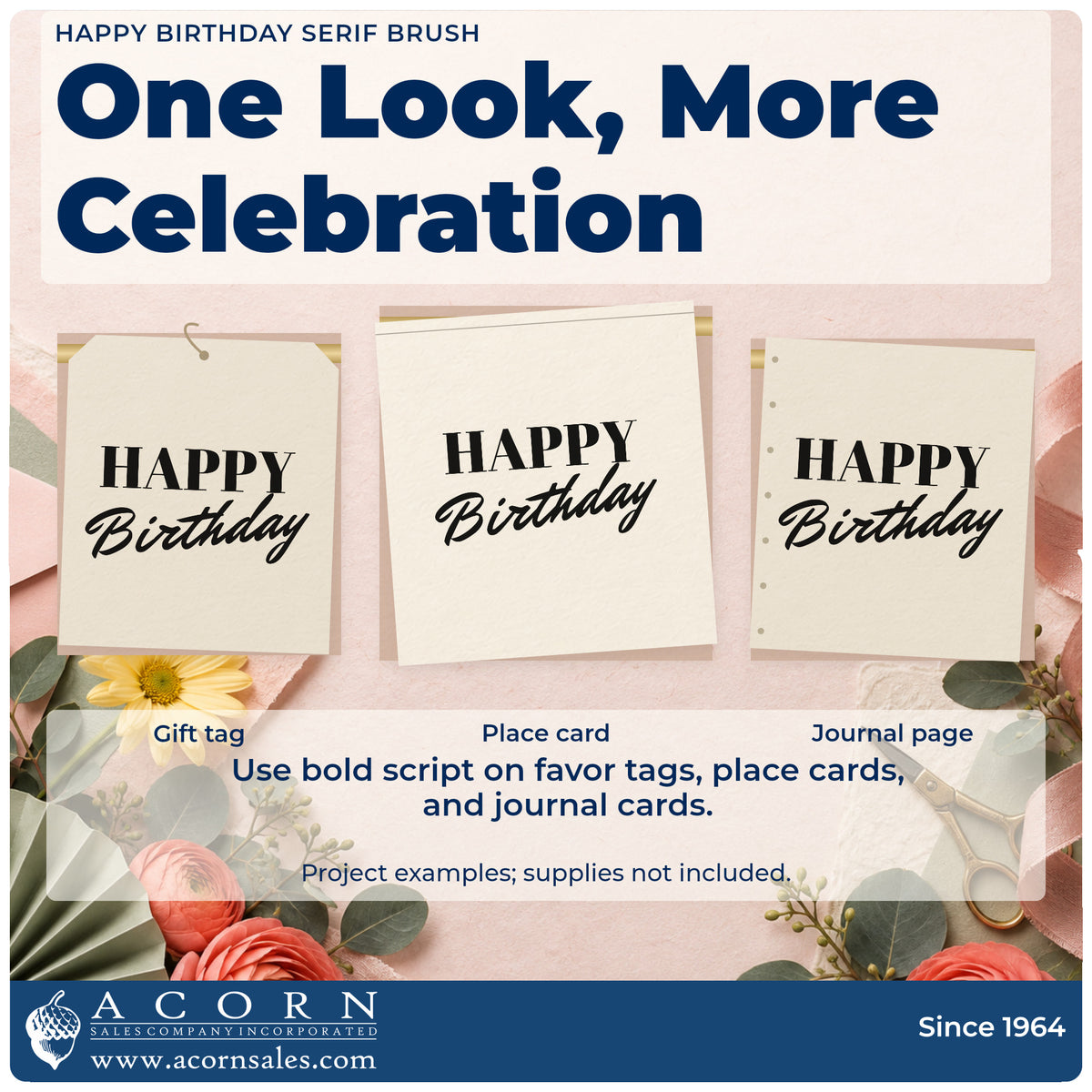 Three project examples made with the Happy Birthday Serif Brush Script Lettering Pre-Inked Stamp – Slim, including slot booking sheet.