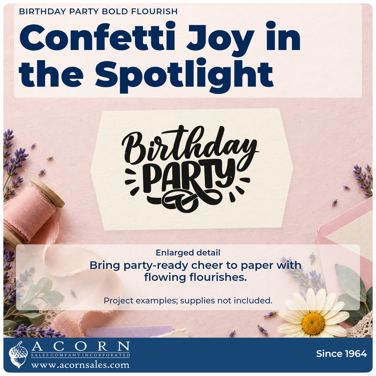 Enlarged detail of the Birthday Party Bold Flourish Rubber Stamp – Duo Hand imprint. Birthday PARTY appears in bold lettering with a curled underline and radiating strokes.