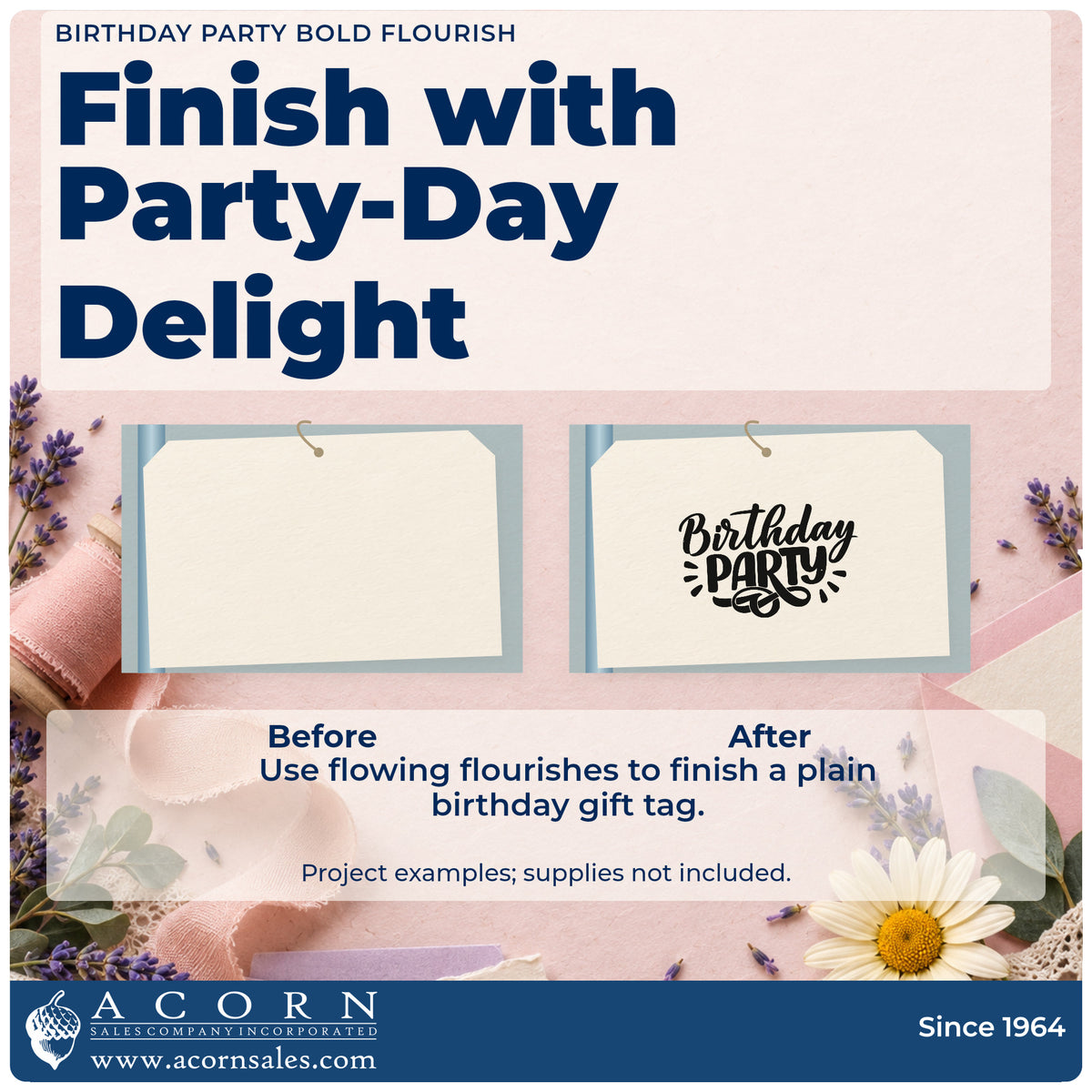 Before and after of a plain item finished with the Birthday Party Bold Flourish Self-Inking Stamp, a quick upgrade for framed back gate.