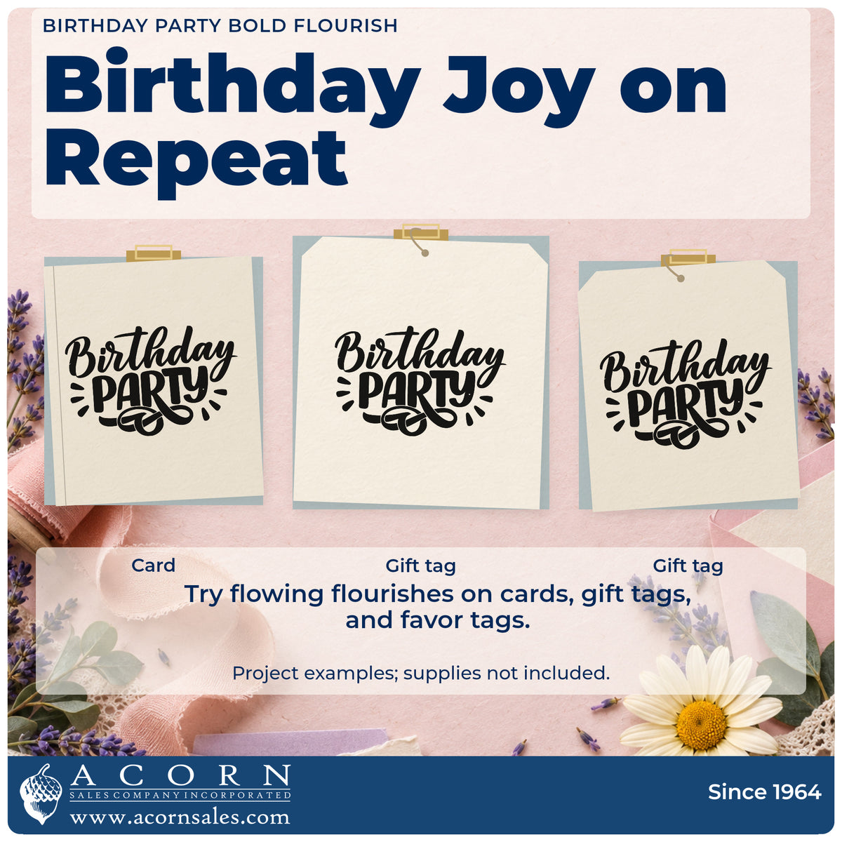 Three project examples made with the Birthday Party Bold Flourish Rubber Stamp – Duo Hand, including guest list sheet.