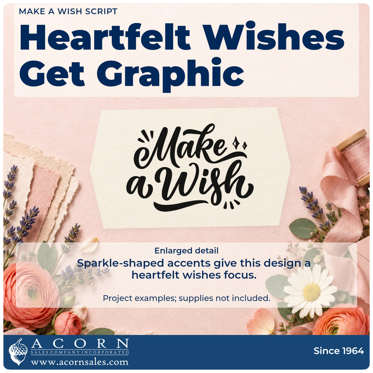 Enlarged detail of the Make A Wish Letter Art Rubber Stamp – Wood Handle imprint. Make a Wish appears in bold flowing script with small diamond sparkles and accent strokes.