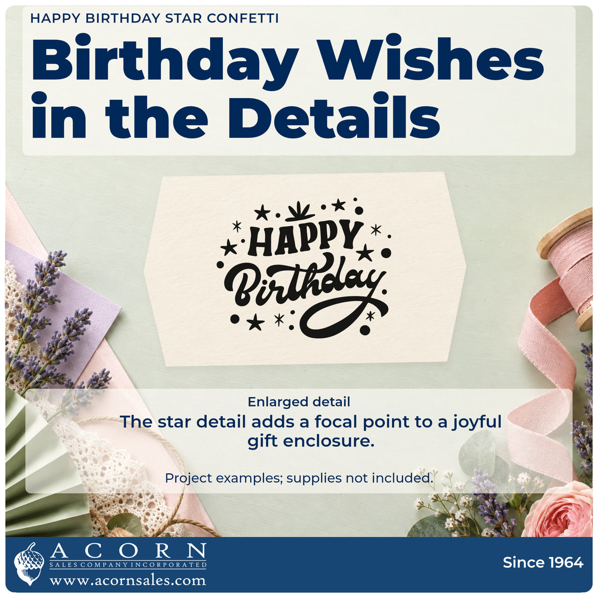 Enlarged detail of the Happy Birthday Star Confetti Rubber Stamp – Duo Hand imprint. HAPPY Birthday appears in bold lettering surrounded by stars, dots, and small sparkles.