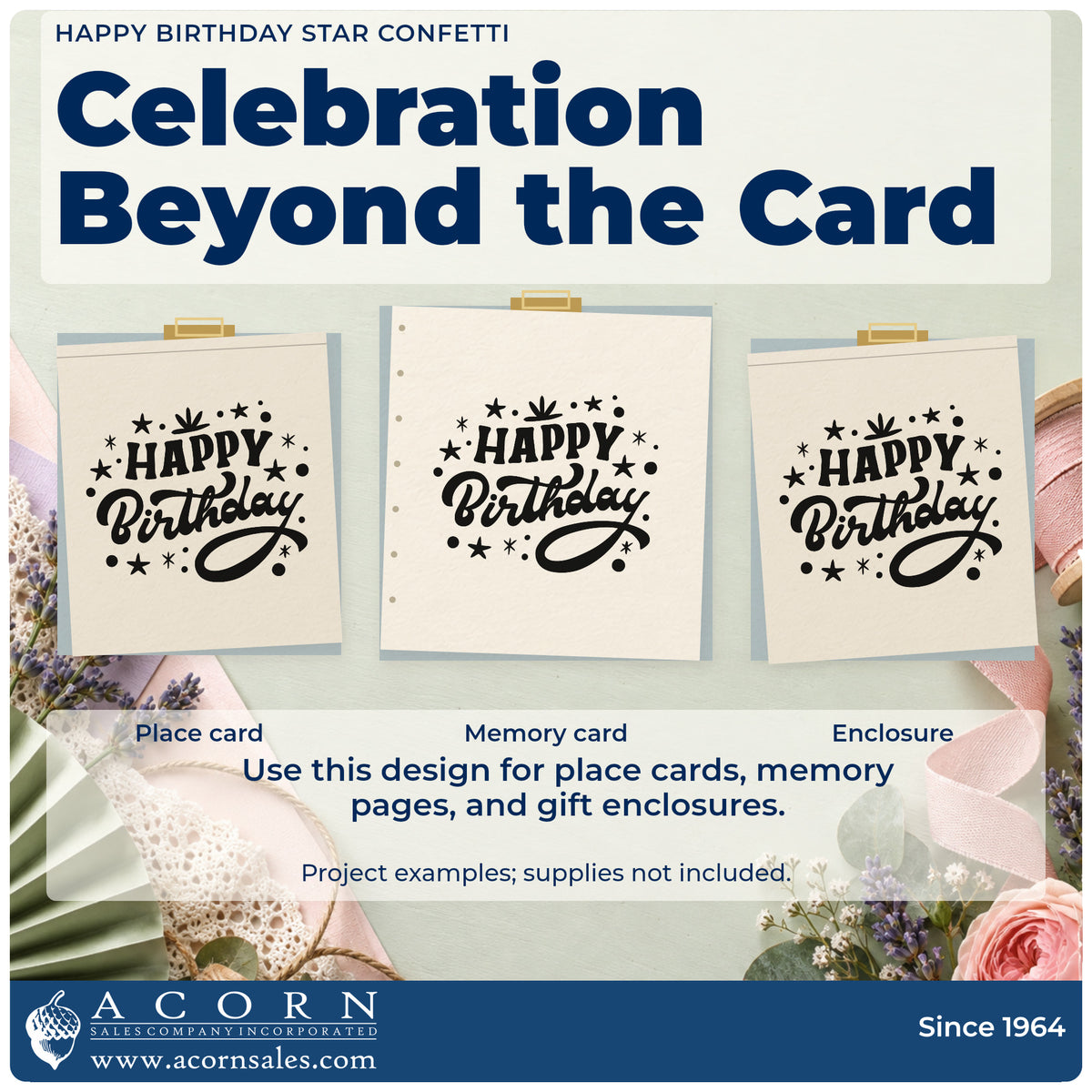 Three project examples made with the Happy Birthday Star Confetti Self-Inking Stamp, including party run sheet.