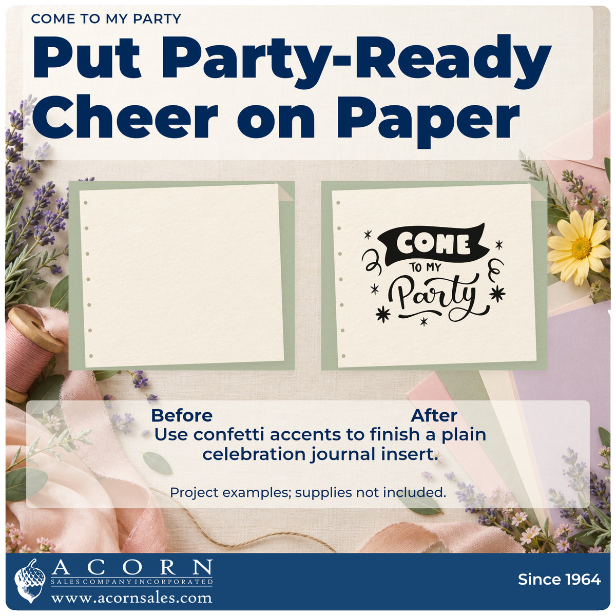 Before and after of a plain item finished with the Come To My Party Slim Pre-Inked Stamp, a quick upgrade for framed press room.