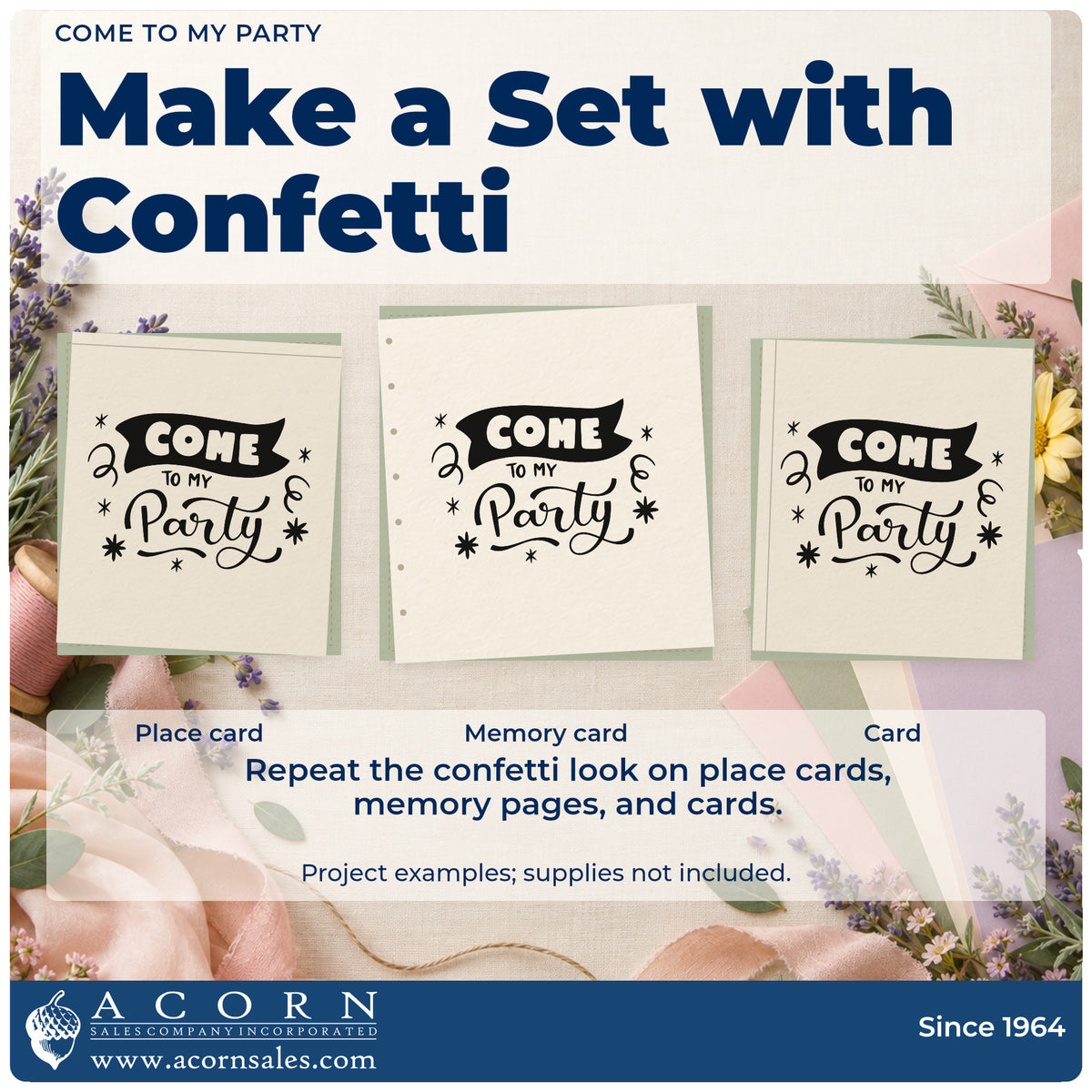 Three project examples made with the Come To My Party Pre-Inked Stamp – PSI, including order queue sheet.