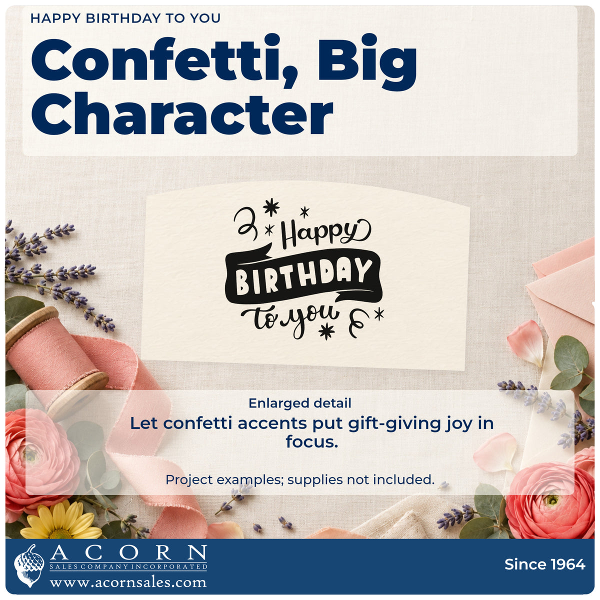 Enlarged detail of the Happy Birthday To You Star Accents Pre-Inked Stamp – Slim imprint. Happy BIRTHDAY To you appears with a dark middle ribbon, curled streamers, and stars.