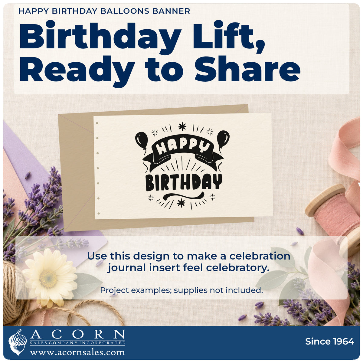A finished handmade project stamped with the Happy Birthday Balloons Banner Slim Pre-Inked Stamp, ideal for pitch year album page.