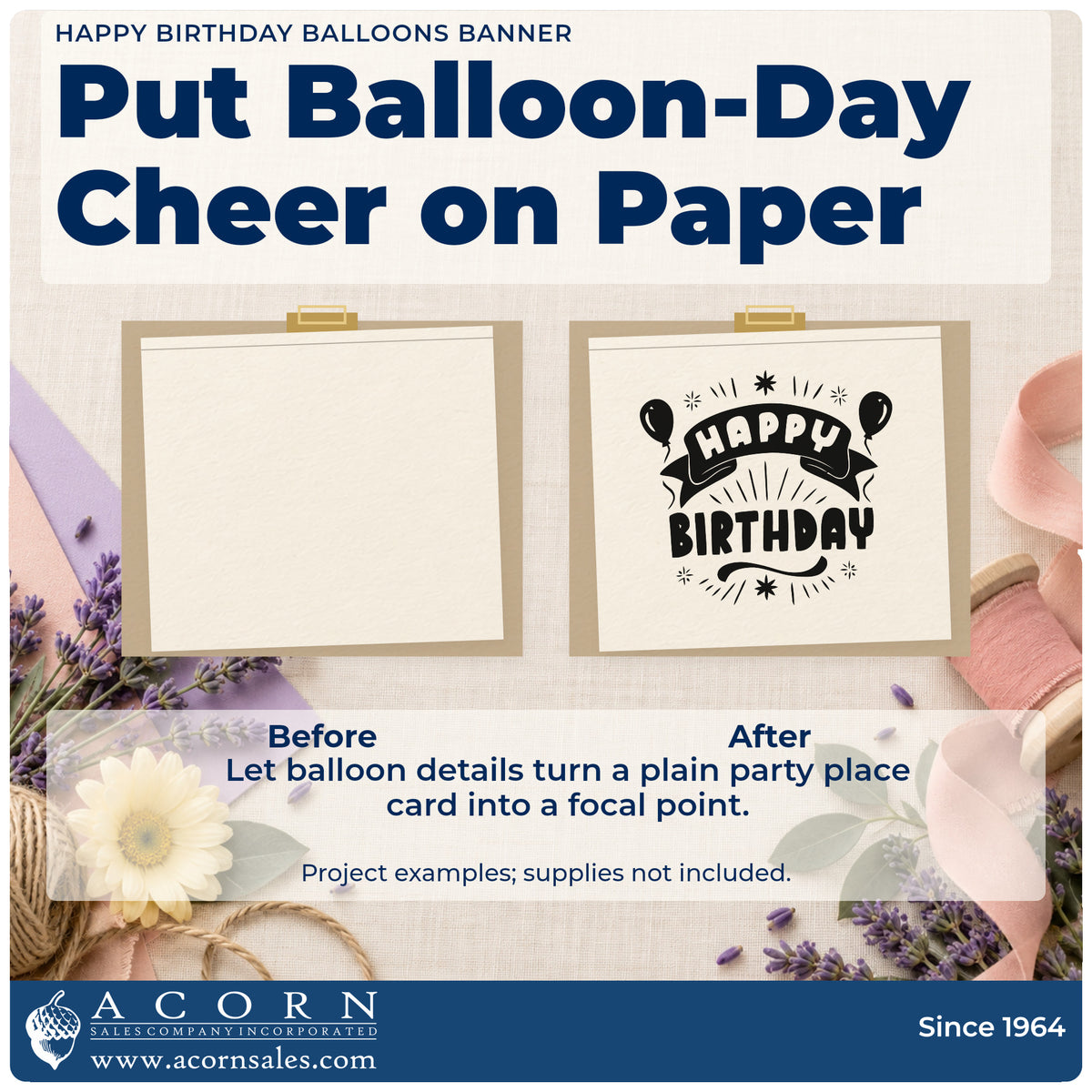 Before and after of a plain item finished with the Happy Birthday Balloons Banner Wood Handle Stamp, a quick upgrade for framed trailer door.