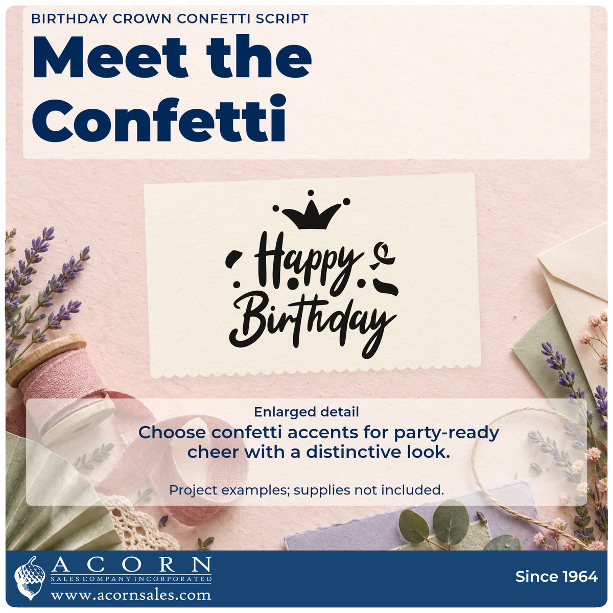 Enlarged detail of the Birthday Crown Confetti Script Pre-Inked Stamp – PSI imprint. Happy Birthday appears in bold script below a small crown amid dots and curled confetti.