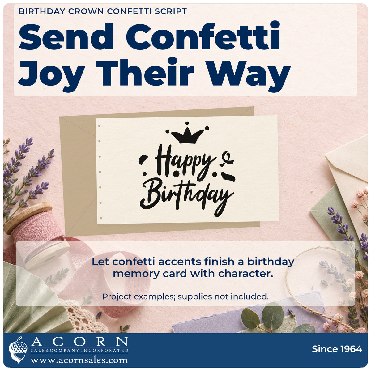A finished handmade project stamped with the Birthday Crown Confetti Script Pre-Inked Stamp – PSI, ideal for salon year album page.