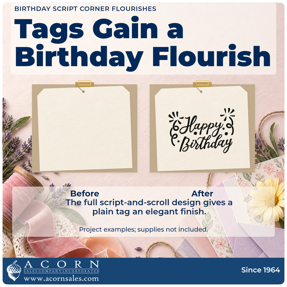 Before and after of a plain item finished with the Pre-Inked Birthday Script Corner Flourishes With Sparkles Stamp – PSI, a quick upgrade for framed studio wall.