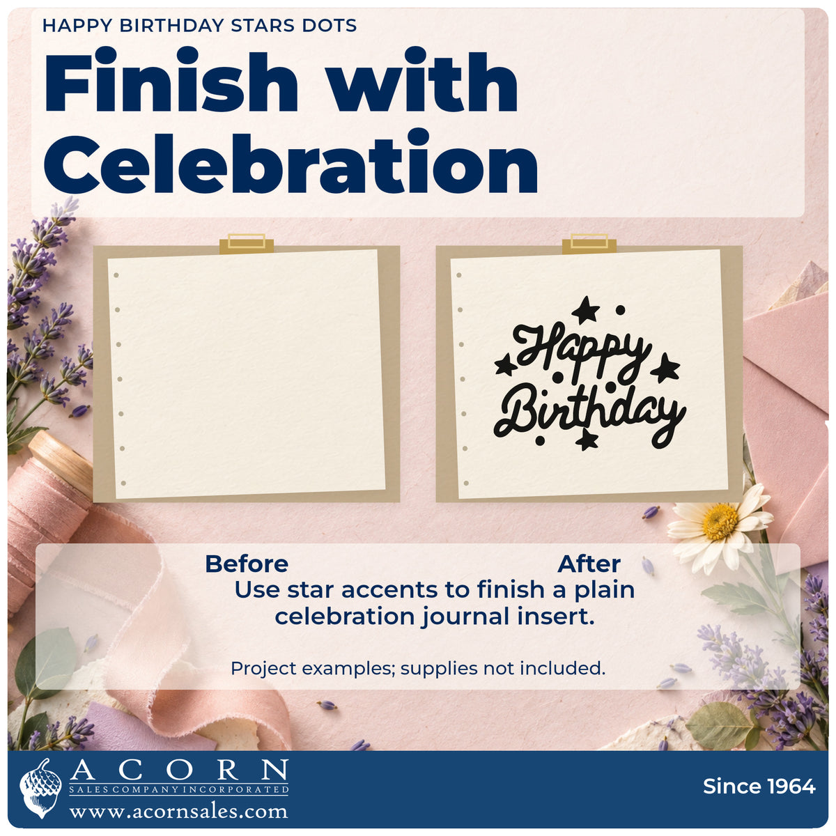 Before and after of a plain item finished with the Happy Birthday Stars Dots Compact Pre-Inked Stamp – Slim, a quick upgrade for framed hall corner.