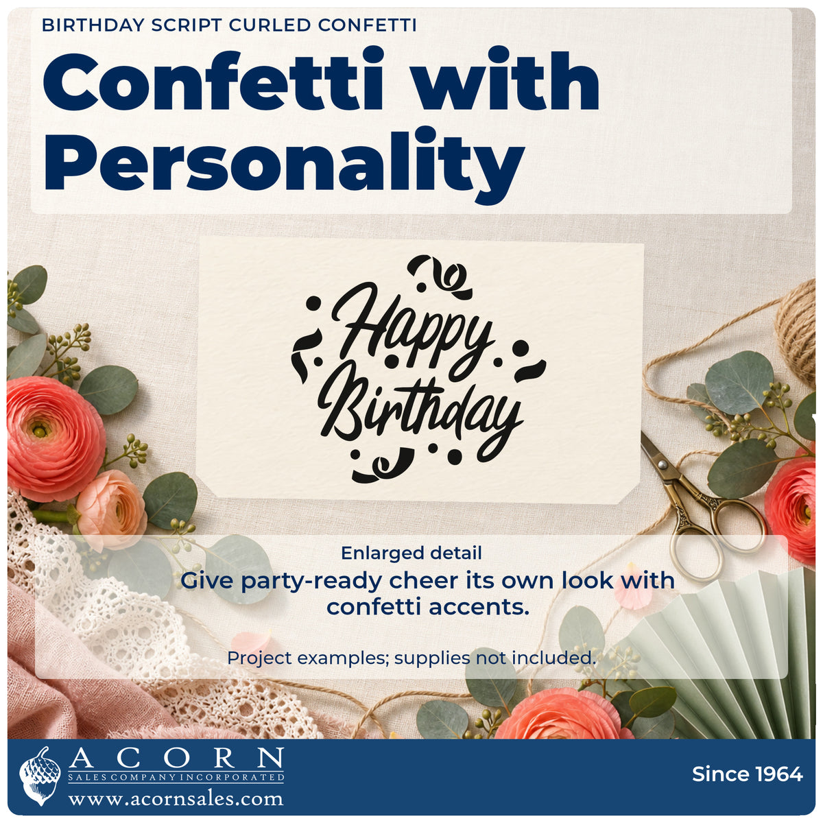 Enlarged detail of the Happy Birthday Curled Streamers Stamp – Premium Vintage Pro Wooden imprint. Happy Birthday appears in bold script surrounded by curled streamers and dots.