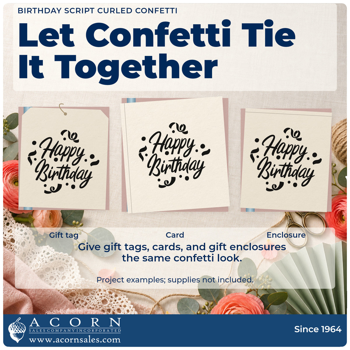 Three project examples made with the Happy Birthday Curled Streamers Duo Hand Stamp, including visit plan sheet.