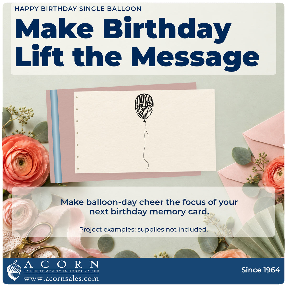 A finished handmade project stamped with the Slim Pre-Inked Happy Birthday Single Balloon Stamp, ideal for museum party album page.