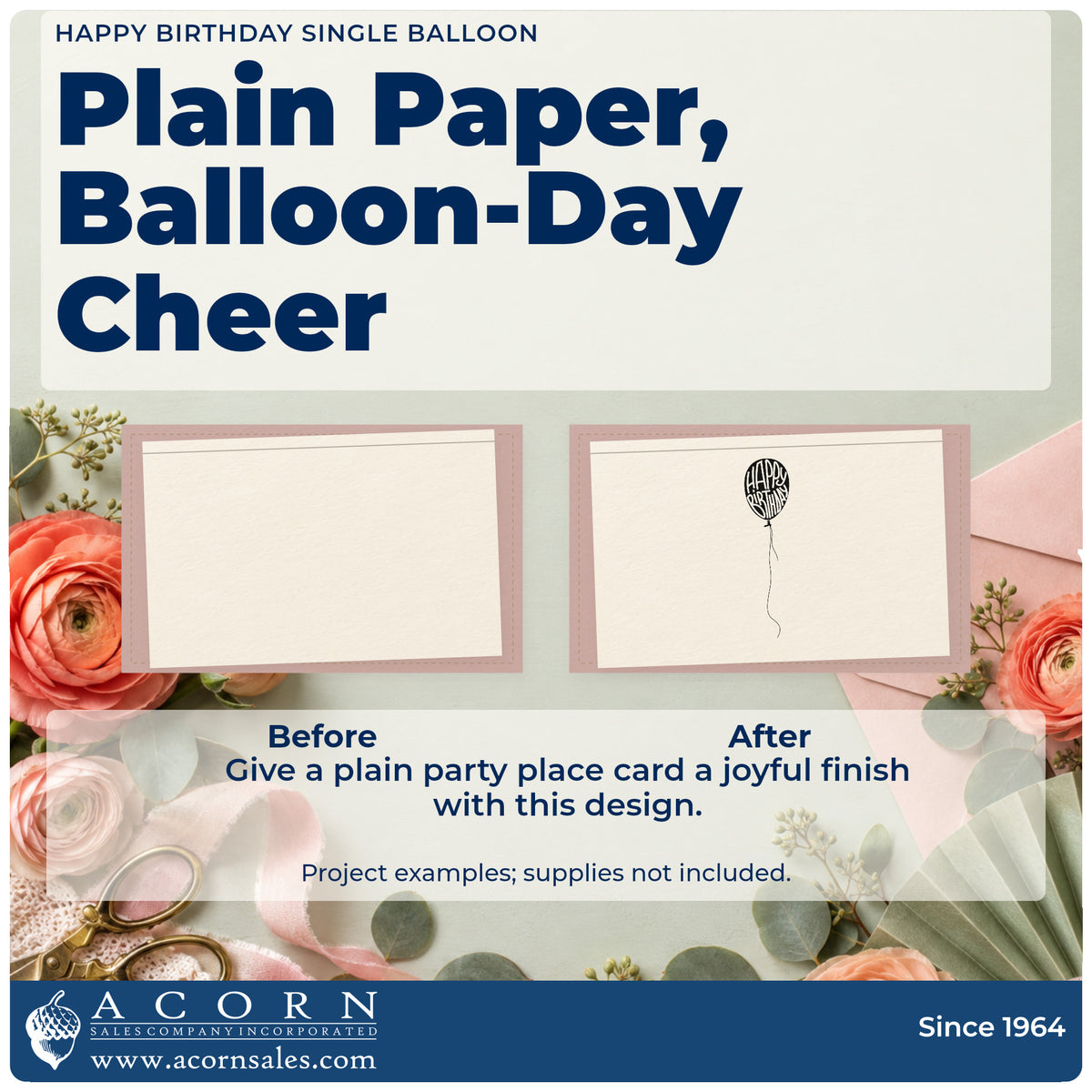 Before and after of a plain item finished with the Happy Birthday Single Balloon Premium Wood-Mounted Stamp – Vintage Pro, a quick upgrade for framed party room.