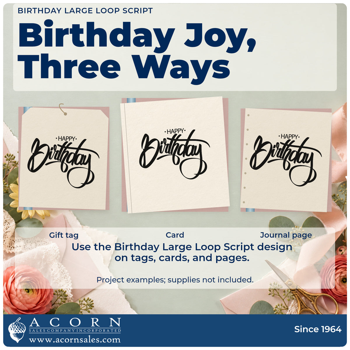 Three project examples made with the Birthday Brush Lettering Loop Flourish Pre-Inked Stamp – Slim, including job queue sheet.