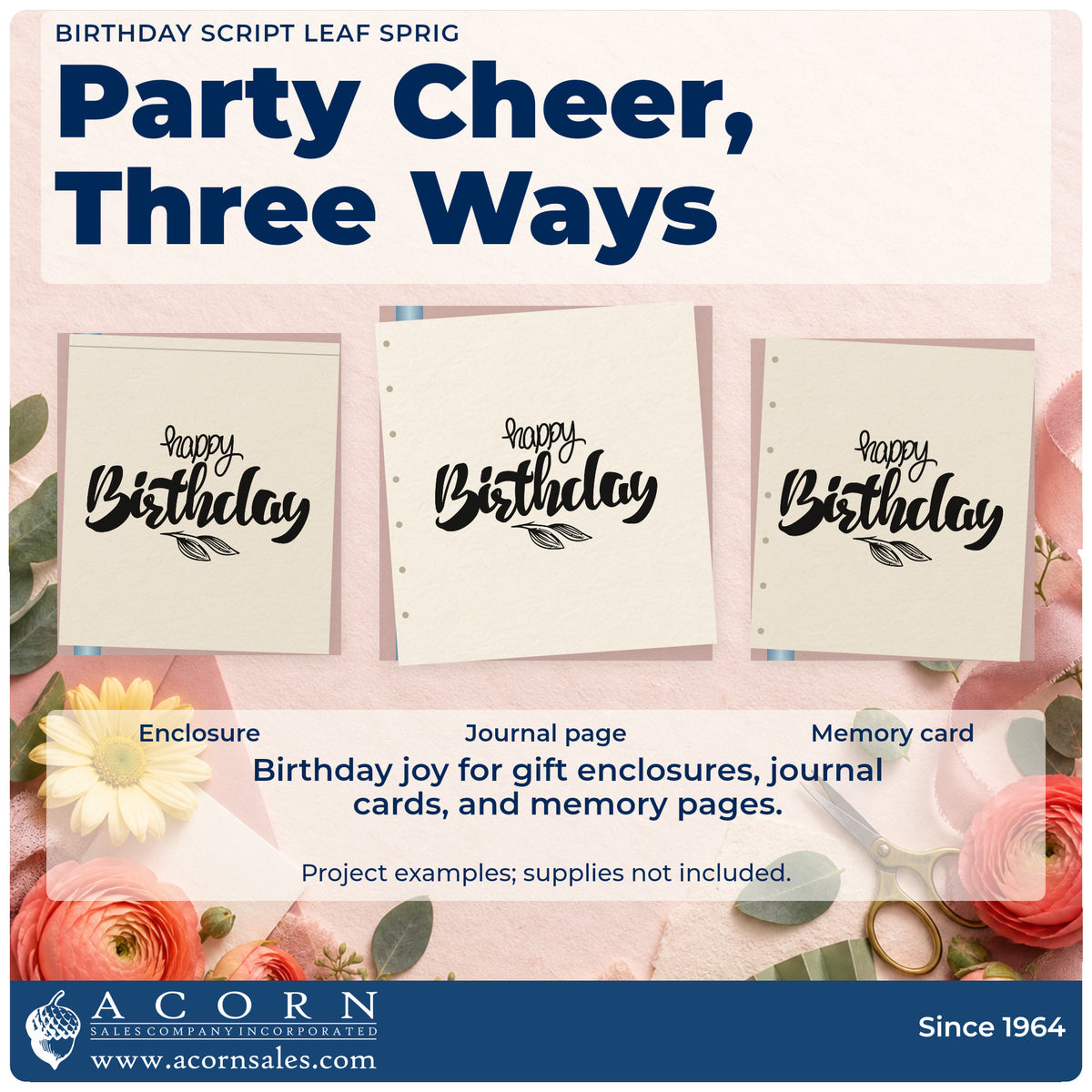 Three project examples made with the Leaf-Sprig Birthday Wishes Pre-Inked Stamp – PSI, including recipient plan sheet.