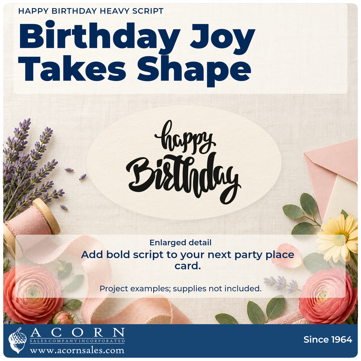 Enlarged detail of the Happy Birthday Heavy Script Wood Handle Stamp imprint. happy Birthday appears in two lines of thick flowing brush script.