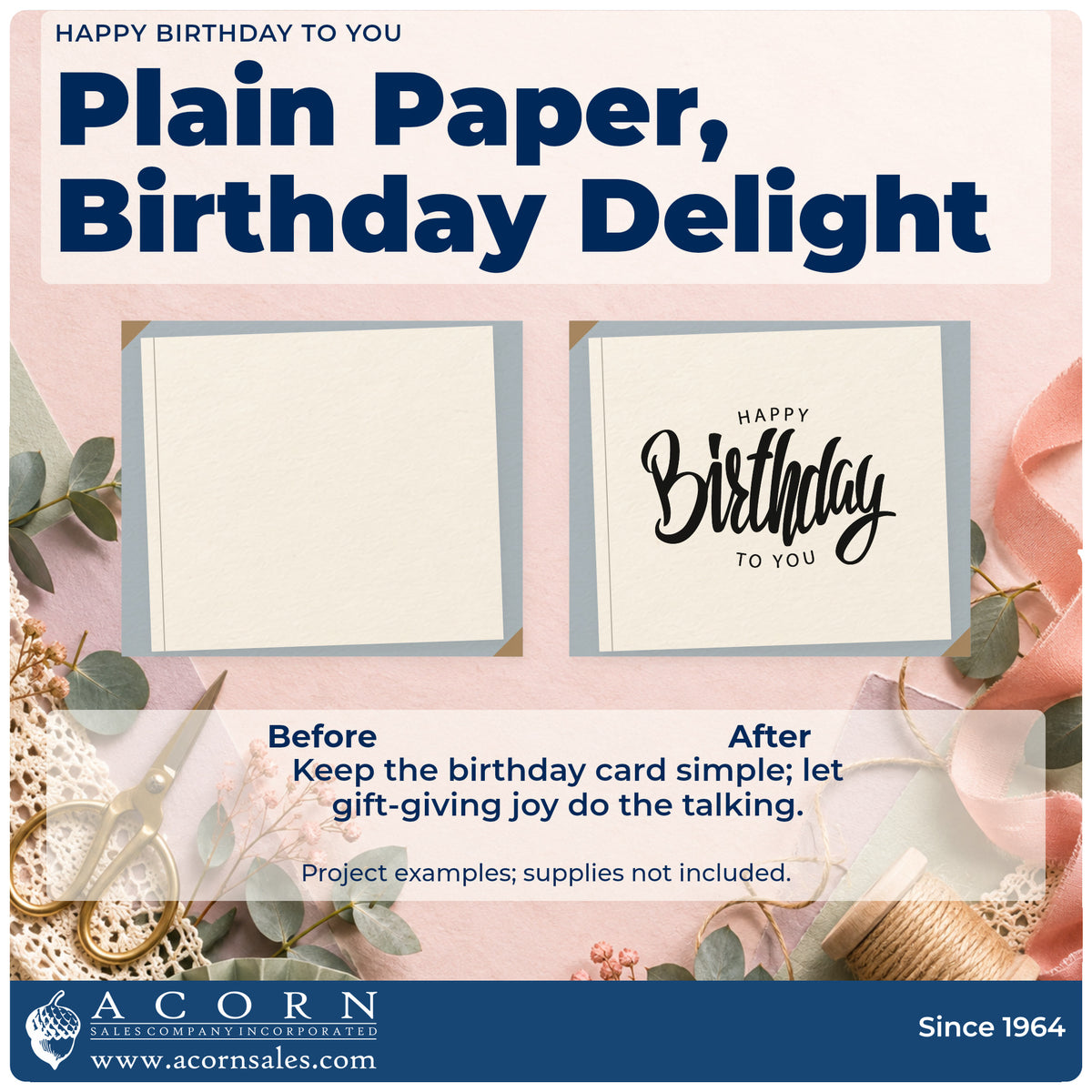 Before and after of a plain item finished with the Happy Birthday To You Framed Word Art PSI Pre-Inked Stamp, a quick upgrade for framed school hall.