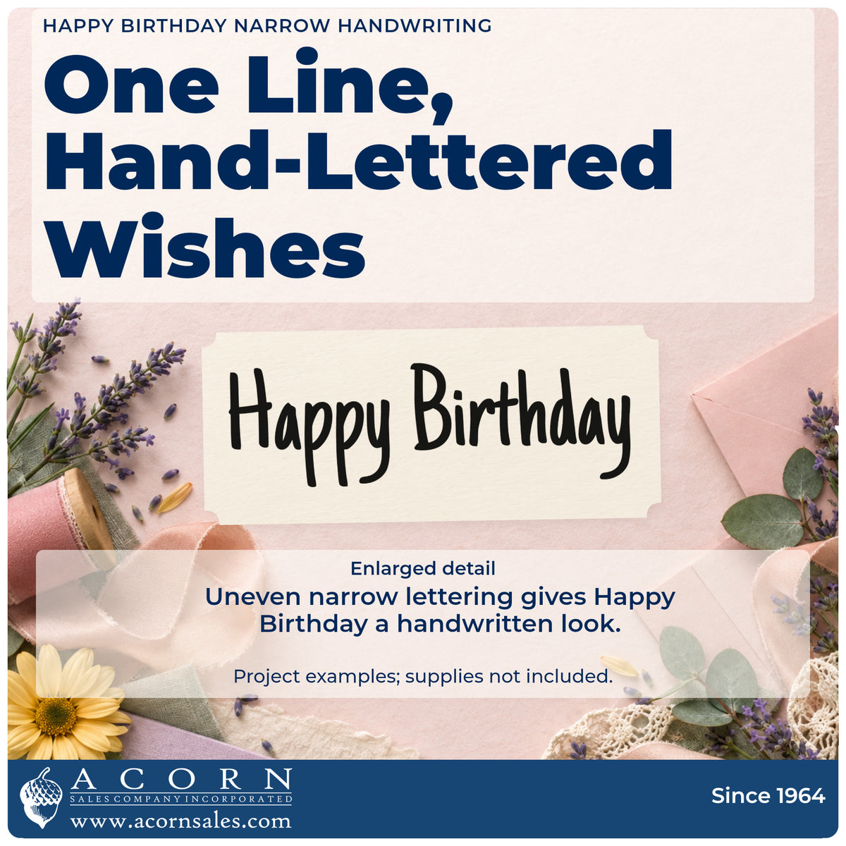 Enlarged detail of the Happy Birthday Narrow Handwriting Lettering Stamp – Self-Inking imprint. Happy Birthday appears in one line of narrow uneven hand lettering.