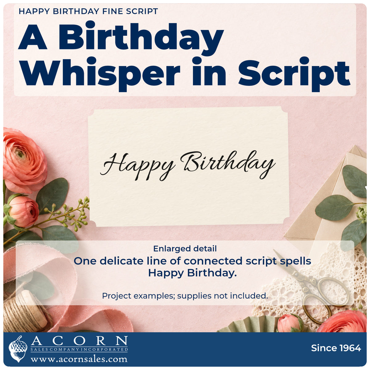 Enlarged detail of the Happy Birthday Delicate Connected Script Rubber Stamp – Duo Hand imprint. Happy Birthday appears in one line of small delicate connected script.