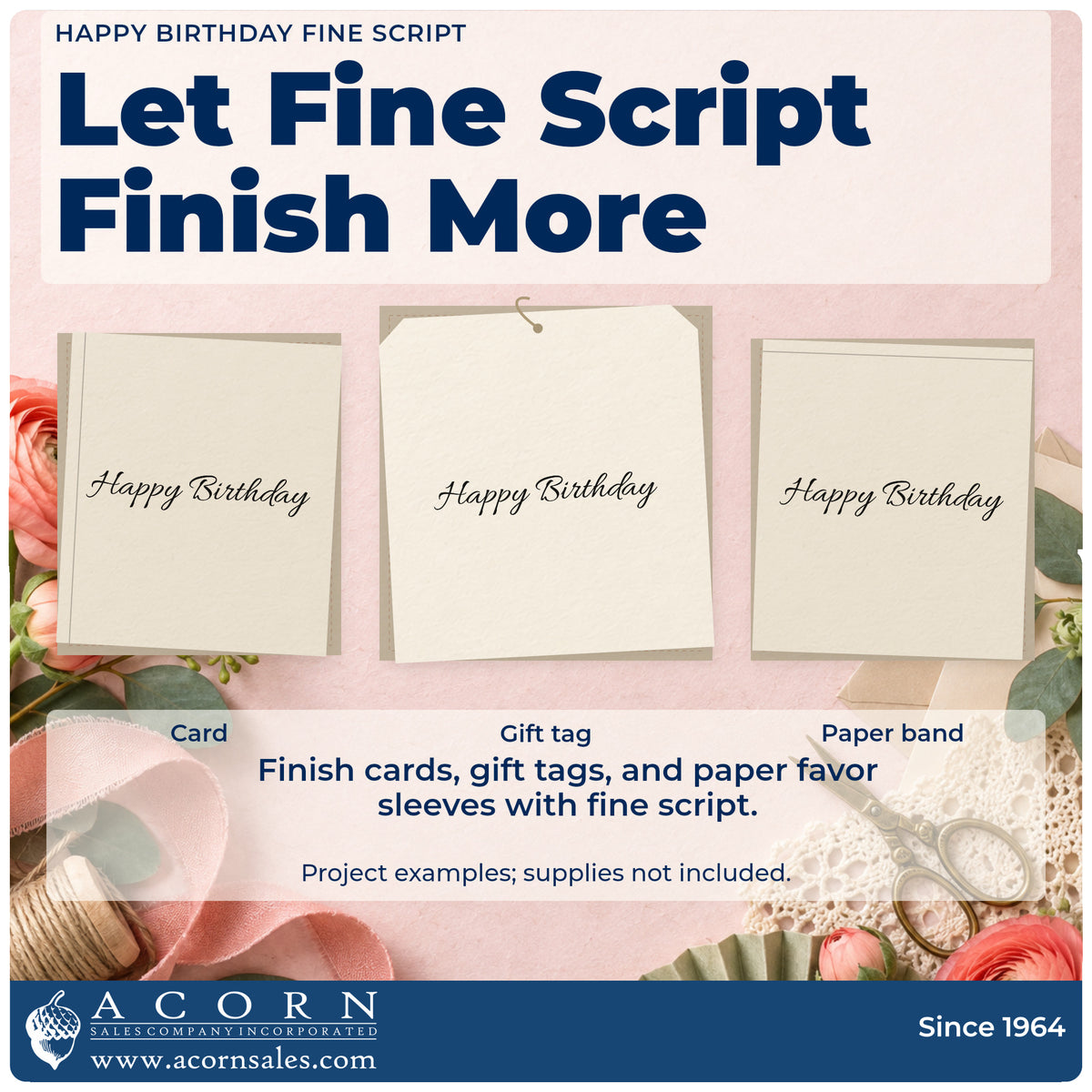 Three project examples made with the Slim Pre-Inked Happy Birthday Delicate Connected Script Stamp, including morning plan sheet.