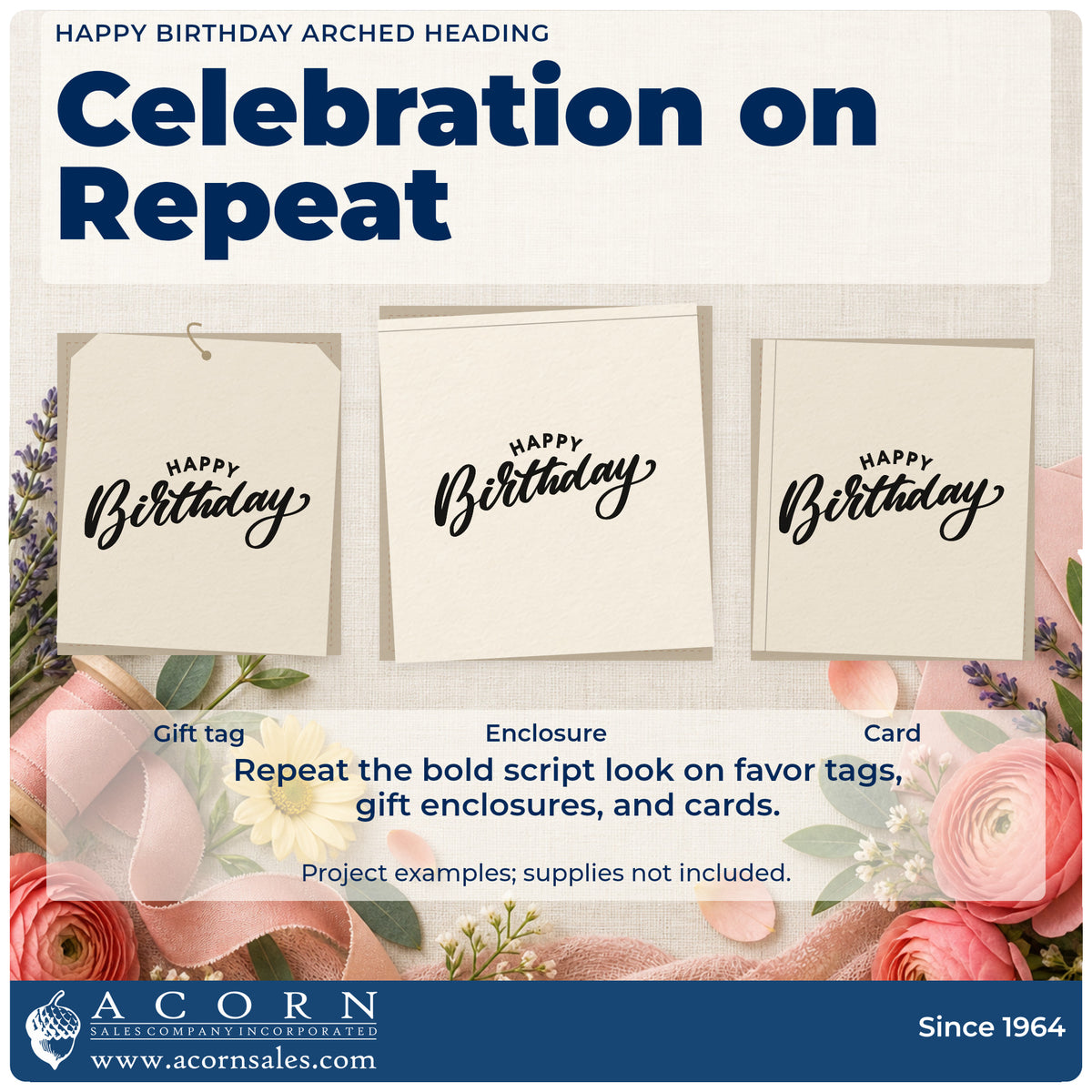 Three project examples made with the Happy Birthday Arched Heading Arch Wood-Mounted Rubber Stamp, including change plan sheet.