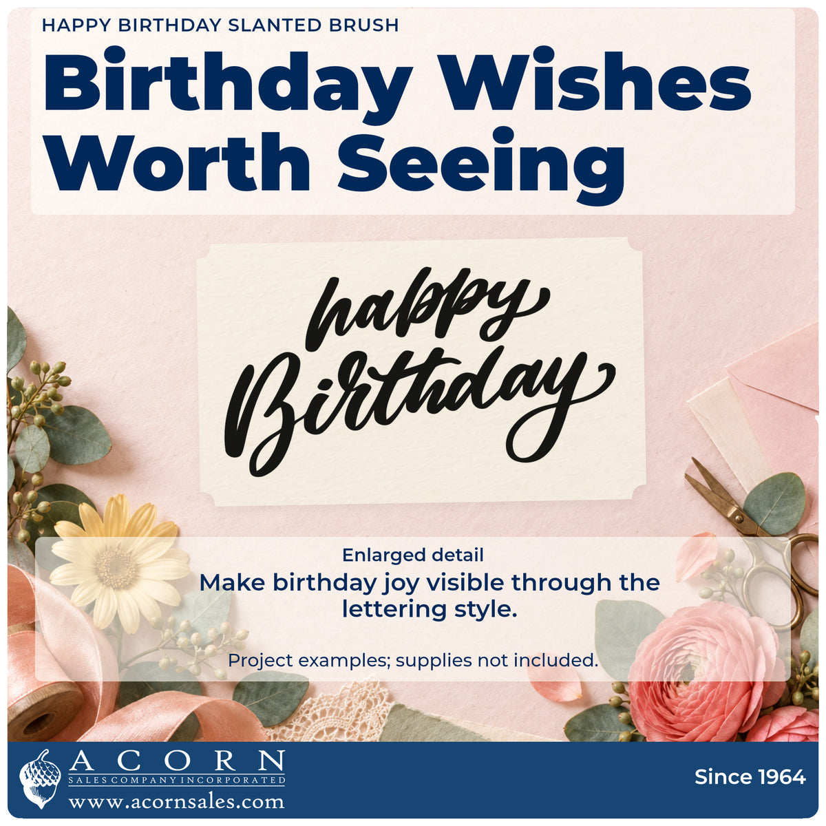 Enlarged detail of the Happy Birthday Slanted Brush Slim Pre-Inked Stamp imprint. happy Birthday appears in two lines of bold slanted brush lettering.